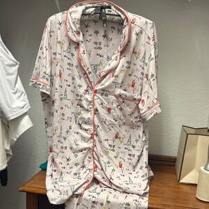 Paris Print Pajama Set with Coral Trim